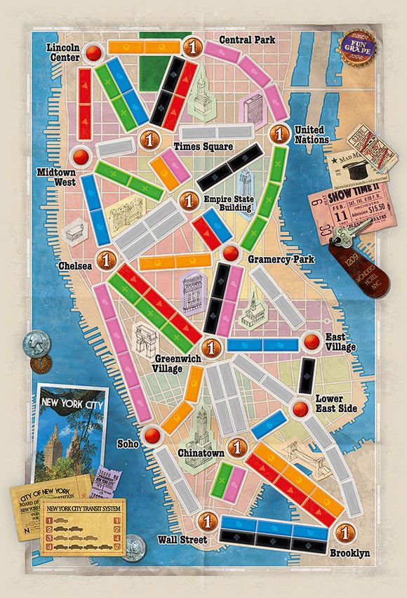 A colorful game board for Ticket to Ride: New York, featuring a map of New York City with iconic landmarks like Times Square, Lincoln Center, and Central Park. The paths are marked with various colored train routes and there are game pieces like transit tickets scattered on the edges, emphasizing the game's strategic gameplay and urban theme.