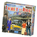 Ticket to Ride: New York board game box featuring colorful illustrations of four characters against a city backdrop, along with a yellow taxi and subway train, encapsulating the vibrancy of New York City.