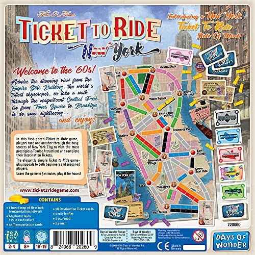 Back cover of the Ticket to Ride: New York board game by Days of Wonder. The design features a colorful illustrated map of New York City, showcasing important locations such as the Empire State Building and Central Park. Various game components are depicted, including destination tickets and train cards, alongside details about gameplay. Ideal for 2-4 players aged 8 and above, this fast-paced game explores the iconic sights of New York in the 1960s.