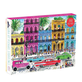 Cuba jigsaw puzzle by Galison featuring a vibrant illustration of a bustling street in Havana. The scene highlights colorful colonial buildings, classic cars, and lively pedestrians. It contains 1000 pieces, ideal for puzzle enthusiasts and lovers of Cuban culture.