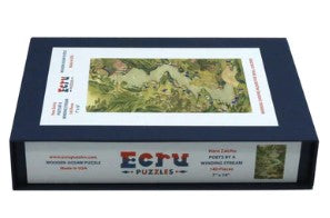 Artifact Wooden Puzzles presents 'Poets by a Winding Stream', a beautifully crafted jigsaw puzzle featuring an intricate landscape design. The puzzle comes in a sleek blue box, displaying captivating artwork. Perfect for puzzle enthusiasts seeking a delightful challenge.