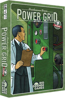 Power Grid board game by Rio Grande Games, featuring a vintage-style illustration of a man in a suit and lab coat holding a clipboard, interacting with a panel of controls and machinery. The box art is vibrant and engaging, highlighting the strategic nature of the game.