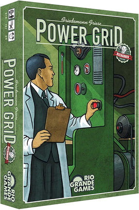 Power Grid board game by Rio Grande Games, featuring a vintage-style illustration of a man in a suit and lab coat holding a clipboard, interacting with a panel of controls and machinery. The box art is vibrant and engaging, highlighting the strategic nature of the game.