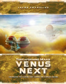 Cover art for the board game Terraforming Mars: Venus Next, featuring futuristic spacecraft and a vibrant, cloudy atmosphere with celestial bodies in the background. The title, 'Terraforming Mars: Venus Next', is prominently displayed at the bottom of the image.