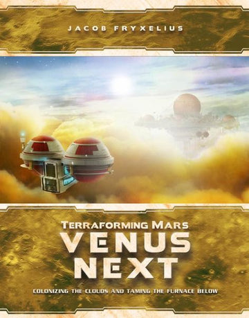Cover art for the board game Terraforming Mars: Venus Next, featuring futuristic spacecraft and a vibrant, cloudy atmosphere with celestial bodies in the background. The title, 'Terraforming Mars: Venus Next', is prominently displayed at the bottom of the image.