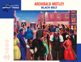Jigsaw puzzle featuring the artwork 'Black Belt' by Archibald Motley, depicting a lively street scene with elegantly dressed figures, vibrant colors, and a dynamic urban backdrop. The puzzle has 1000 pieces and is made by Pomegranate.