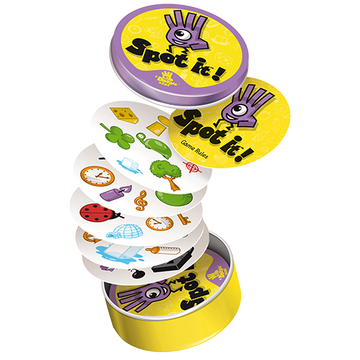 Spot it! Box game by Zygomatic featuring colorful cards with various illustrations stacked inside a circular tin. Ideal for fast-paced fun and cognitive skills development.