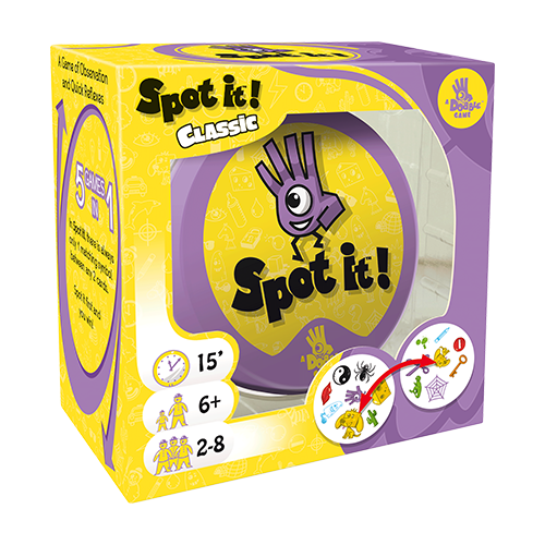 Spot it! Box by Zygomatic, featuring a colorful design with a playful character. The packaging highlights that it's a game of observation, suitable for ages 6 and up, designed for 2 to 8 players with five different games included.
