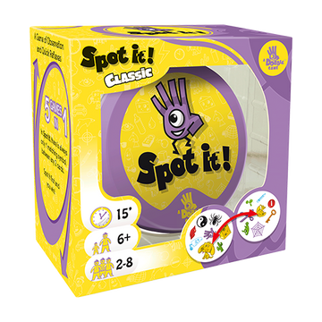 Spot it! Box by Zygomatic, featuring a colorful design with a playful character. The packaging highlights that it's a game of observation, suitable for ages 6 and up, designed for 2 to 8 players with five different games included.