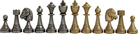 A display of Metal Staunton chessmen with a 2.75-inch king. The set features intricate detailing, with alternating silver and gold-tone pieces including pawns, rooks, knights, bishops, a queen, and a king. Each piece showcases a classic Staunton design, making it a luxurious addition to any chess game.