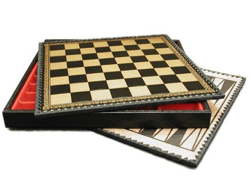 Elegant leather chess chest featuring a finely crafted chessboard on one side and a backgammon board on the other. The interior is lined with red velvet for protection and storage.