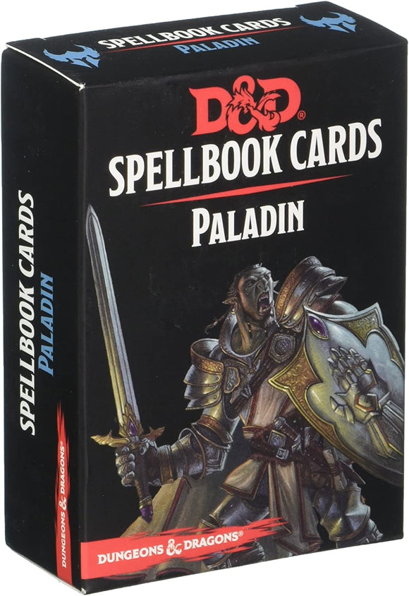 The D&D: Spellbook Cards Paladin Deck from Gale Force Nine, featuring a beautifully illustrated box showing a heroic paladin wielding a sword and shield. The design includes vibrant colors and intricate details, making it a perfect accessory for tabletop gaming.