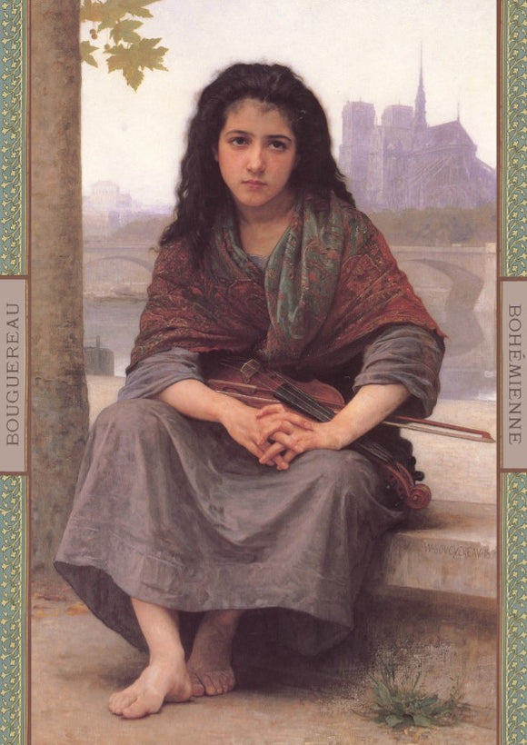 The Bohemian jigsaw puzzle by Art & Fable Puzzle Co features a serene image of a young girl sitting by a river with a city skyline in the background. She is dressed in a traditional shawl and holds a violin, evoking a sense of nostalgia and artistic beauty.