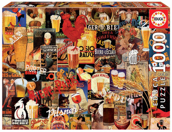 Vintage Beer Collage jigsaw puzzle featuring a vibrant assortment of vintage beer advertisements, glassware, and iconic brewery imagery, all artistically arranged in a 1000-piece format by Educa.
