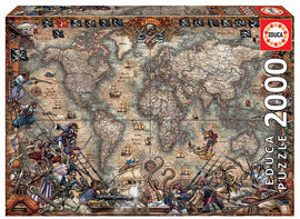 Educa Pirates Map jigsaw puzzle featuring a detailed illustration of a vintage-style map with pirates, ships, and sea monsters. The colorful artwork captures a lively scene of piracy and adventure, complete with intricate geographical details and vibrant pirate imagery. The puzzle consists of 2000 pieces, perfect for puzzle enthusiasts and history lovers alike.