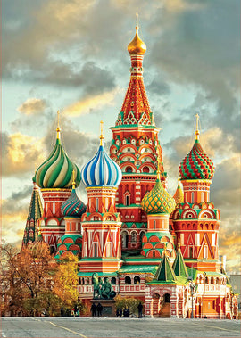 A vibrant jigsaw puzzle featuring St. Basil's Cathedral in Moscow. The puzzle showcases the cathedral's iconic colorful onion domes and intricate architectural details, set against a dramatic sky.