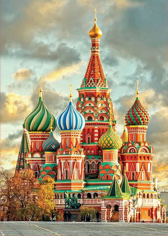 A vibrant jigsaw puzzle featuring St. Basil's Cathedral in Moscow. The puzzle showcases the cathedral's iconic colorful onion domes and intricate architectural details, set against a dramatic sky.