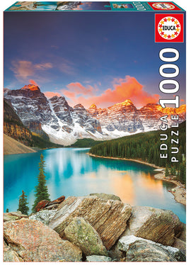 Educa 1000-piece jigsaw puzzle of Moraine Lake in Banff National Park, showcasing stunning mountain views and a vibrant lake with a rocky foreground.