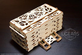 A beautifully crafted wooden card holder made by UGears 3D, featuring intricate designs with cut-out patterns and a stackable design. Perfect for organizing cards or small items, showcasing both functionality and aesthetic appeal.