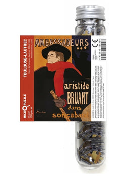 Londji Micropuzzle - Ambassadeurs features a vibrant image inspired by Toulouse-Lautrec, showcasing Aristide Bruant in his iconic attire. This jigsaw puzzle consists of 150 pieces and is packaged in a clear tube, perfect for easy storage and gifting. The artwork captures the essence of Parisian art and nightlife, making it a delightful challenge for puzzle enthusiasts.