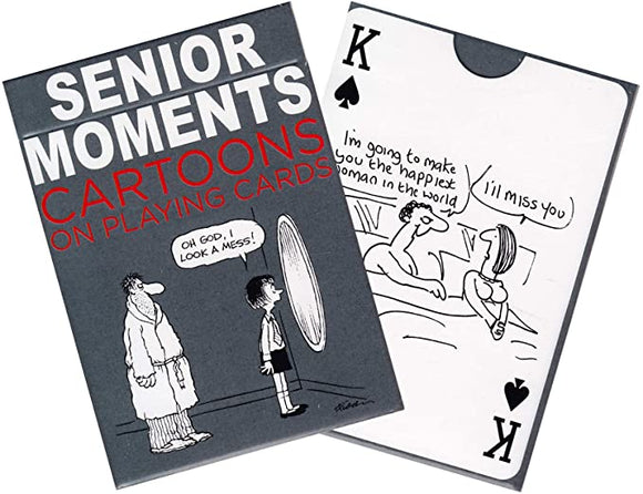 The product features a deck of playing cards titled 'Senior Moments', showcasing humorous cartoons. The front of the packaging displays bold text along with playful illustrations. Includes comical themes and characters, ideal for entertainment.