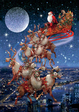 A vibrant 1000-piece jigsaw puzzle featuring Santa Claus in his sleigh, soaring through a starry night sky with a full moon and a city skyline below. The sleigh is pulled by a group of reindeer adorned with festive decorations, and Santa is joyfully waving while surrounded by cheerful characters in the sleigh.