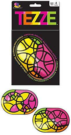 Tezze by Brainwright is a colorful mechanical puzzle featuring a circular design with a kaleidoscopic pattern. It includes two oval-shaped pieces that rotate for a fun, interactive experience, suitable for both kids and adults. The vibrant colors of pink, yellow, and black engage users while solving the puzzle, making it a delightful brain teaser.