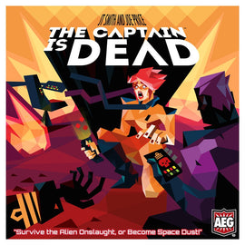 The Captain is Dead board game cover featuring vibrant and angular artwork. The illustration shows a frantic space crew member wielding a weapon amidst an alien threat. The text 'The Captain is Dead' is prominently displayed at the top, with the tagline 'Survive the Alien Onslaught, or Become Space Dust!' at the bottom, all set against a vivid orange and red background.