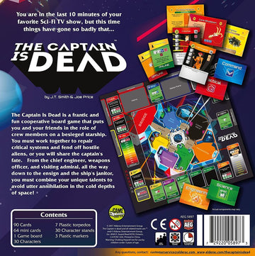 The Captain is Dead board game by AEG, featuring a colorful game board and various components including cards, character stands, and player roles. Designed for cooperative play, players must work together to repair their starship and fend off alien threats in a frantic race against time. The game emphasizes teamwork and strategy in a sci-fi setting, ideal for fans of board games and science fiction.