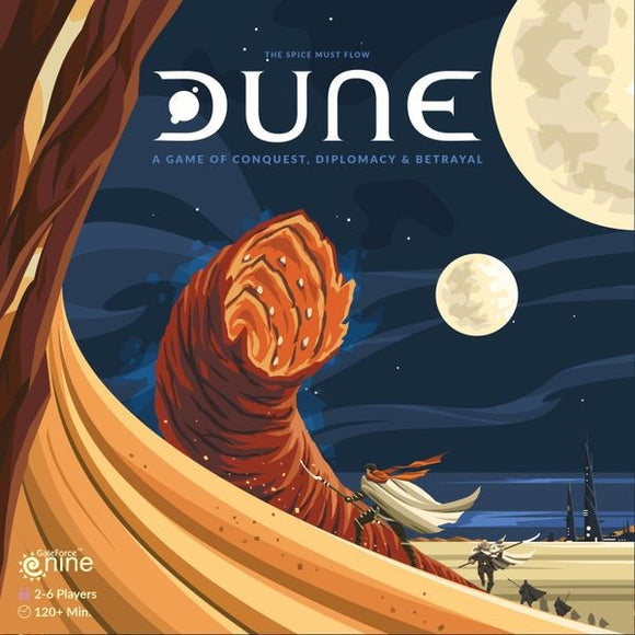Dune board game by Gale Force Nine featuring striking artwork of a massive sandworm amidst a desert landscape. The game is designed for 2 to 6 players and revolves around themes of conquest, diplomacy, and betrayal, with the tagline 'The Spice Must Flow.'