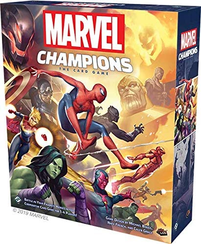 The Marvel Champions LCG Core Set is displayed, featuring iconic Marvel superheroes like Spider-Man, Iron Man, and the Hulk on the colorful box art. This cooperative card game offers thrilling gameplay as players team up to battle iconic villains in the Marvel universe. Suitable for 1-4 players, it's designed by Michael Boggs, Nate French, and Caleb Grace.