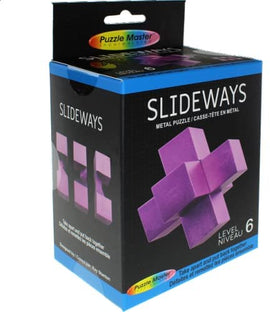 The Slideways metal puzzle by Puzzle Master features a vibrant purple design packaged in a sleek black box. The box displays the puzzle's name prominently along with instructions indicating it is a Level 6 difficulty. Ideal for enthusiasts of mechanical puzzles, this engaging brain teaser provides a challenge of taking apart and reassembling the unique metal pieces.