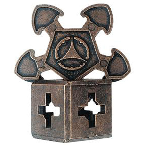 Hanayama Cast O'Gear mechanical puzzle featuring an intricate design with four rounded arms extending from a central hexagonal shape, all crafted from a bronze-like material. The puzzle presents a challenge to disassemble and reassemble, ideal for puzzle enthusiasts and collectors.