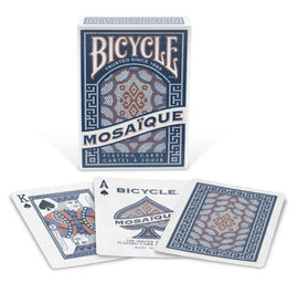 Bicycle Mosaique Deck playing cards from US Playing Card Co. The box features a striking mosaic design in blue and orange. The set includes illustrated face cards, showcasing intricate details and vibrant artwork, perfect for card games and collectors alike.