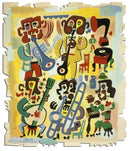 A vibrant jigsaw puzzle depicting a Jazz Quintet, showcasing colorful abstract figures of musicians playing various instruments including a saxophone, trombone, and guitar. The background features lively shades of yellow and blue, enhancing the dynamic atmosphere of a jazz performance. Designed by Jim Flora and made by Artifact Wooden Puzzles, this artwork merges playful design with engaging puzzle fun.