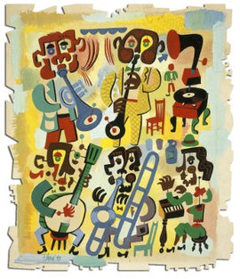 A vibrant jigsaw puzzle depicting a Jazz Quintet, showcasing colorful abstract figures of musicians playing various instruments including a saxophone, trombone, and guitar. The background features lively shades of yellow and blue, enhancing the dynamic atmosphere of a jazz performance. Designed by Jim Flora and made by Artifact Wooden Puzzles, this artwork merges playful design with engaging puzzle fun.