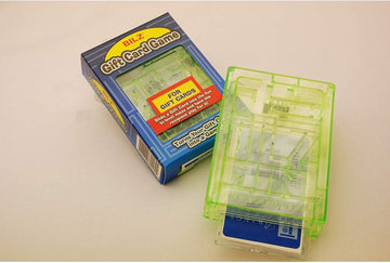 The Bilz Gift Card Maze is a transparent green mechanical puzzle designed to turn gift cards into an engaging game. It is shown alongside its colorful packaging, featuring instructions on how to use it. The packaging displays a blue background with yellow and red accents, indicating the product's function of making gift giving fun and interactive.