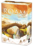 The game 'Roam' by RED RAVEN GAMES features an intricate box design with a vibrant illustration of a fantasy landscape, showcasing a majestic bridge over a river surrounded by mountains and clouds. The title 'Roam' is prominently displayed at the top in a large, bold font, with 'Ryan Laukat' written below.