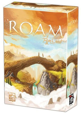 The game 'Roam' by RED RAVEN GAMES features an intricate box design with a vibrant illustration of a fantasy landscape, showcasing a majestic bridge over a river surrounded by mountains and clouds. The title 'Roam' is prominently displayed at the top in a large, bold font, with 'Ryan Laukat' written below.