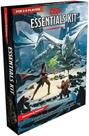D&D: Essentials Kit box prominently displayed, featuring a detailed illustration of a fantasy scene with adventurers and a dragon. The packaging emphasizes gameplay for 2-6 players and includes the text 'Dungeons & Dragons'.
