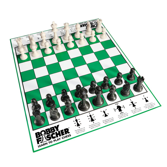 Bobby Fischer Chess Set by Wood Expressions featuring black and white chess pieces on a green and white checkered board. The board includes instructional graphics for learning chess strategies.