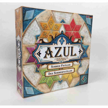 Azul: Summer Pavilion game box by NEXT MOVE GAMES with colorful geometric designs. Features the title prominently in an artistic layout, suitable for family fun.