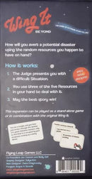 The back cover of the game 'Wing It Beyond' by Flying Leap Games. It features instructions on how to play, emphasizing storytelling and resource management. Colorful graphics and game components are visible, along with the game's theme of facing difficult situations.
