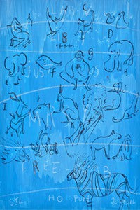 Alphabetics Jigsaw Puzzle by Sarah Jane Lapp features whimsical illustrations of animals and letters on a vibrant blue background, designed for fun and educational play.