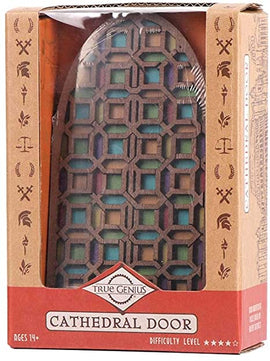 The Cathedral Door is a beautifully crafted mechanical puzzle by Project Genius, featuring intricate designs resembling stained glass. It is presented in an elegant package that displays the unusual door shape and vibrant colors, inviting puzzle enthusiasts to explore its complexities. Ideal for ages 14 and up, this puzzle offers a challenging and engaging experience for those who appreciate fine craftsmanship and mental challenges.