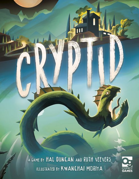 The game 'Cryptid' by OSPREY PUBLISHING features a mysterious creature emerging from a lake with a haunted house silhouette in the background. The artwork displays a vibrant landscape with hills, forests, and a moonlit sky, creating an intriguing atmosphere for players.