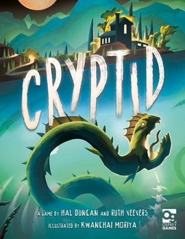 The game 'Cryptid' by OSPREY PUBLISHING features a mysterious creature emerging from a lake with a haunted house silhouette in the background. The artwork displays a vibrant landscape with hills, forests, and a moonlit sky, creating an intriguing atmosphere for players.