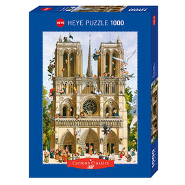 Vive Notre Dame! Loup jigsaw puzzle by Heye featuring a detailed 1000-piece illustration of the Notre Dame Cathedral surrounded by whimsical cartoon characters, showcasing vibrant colors and intricate designs perfect for puzzle enthusiasts.