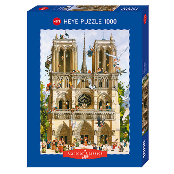 Vive Notre Dame! Loup jigsaw puzzle by Heye featuring a detailed 1000-piece illustration of the Notre Dame Cathedral surrounded by whimsical cartoon characters, showcasing vibrant colors and intricate designs perfect for puzzle enthusiasts.