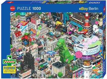 The Berlin Quest jigsaw puzzle by Heye features a vibrant and intricate illustration of Berlin's iconic sights and bustling city life, showcasing colorful buildings, streets filled with people, and notable landmarks. It is a 1000-piece puzzle that invites puzzle enthusiasts to explore and discover hidden details within the lively scene.